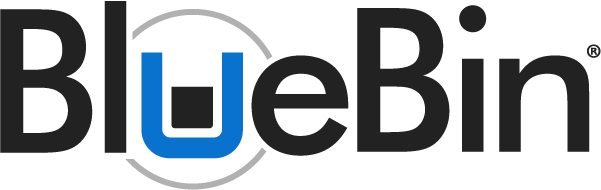 The word "Bluebin" in black. The U is blue, with a black square in the center.